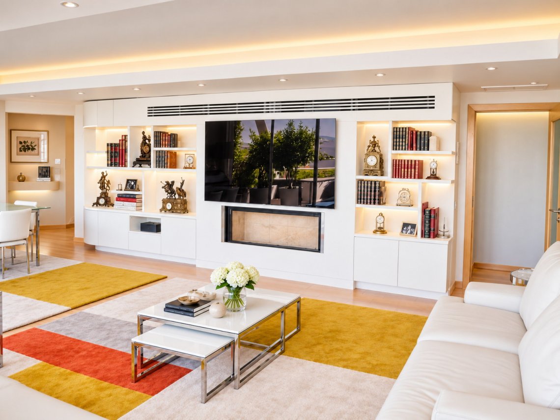 Estante e mobiliário por medida integrados na arquitetura, com arrumação e iluminação. A composição permitiu também ocultar condutas de ar condicionado — projeto RL Home.